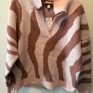 Nine West Light Pink & Brown Patterned V Neck/Collar Sweater Recycled Polyester